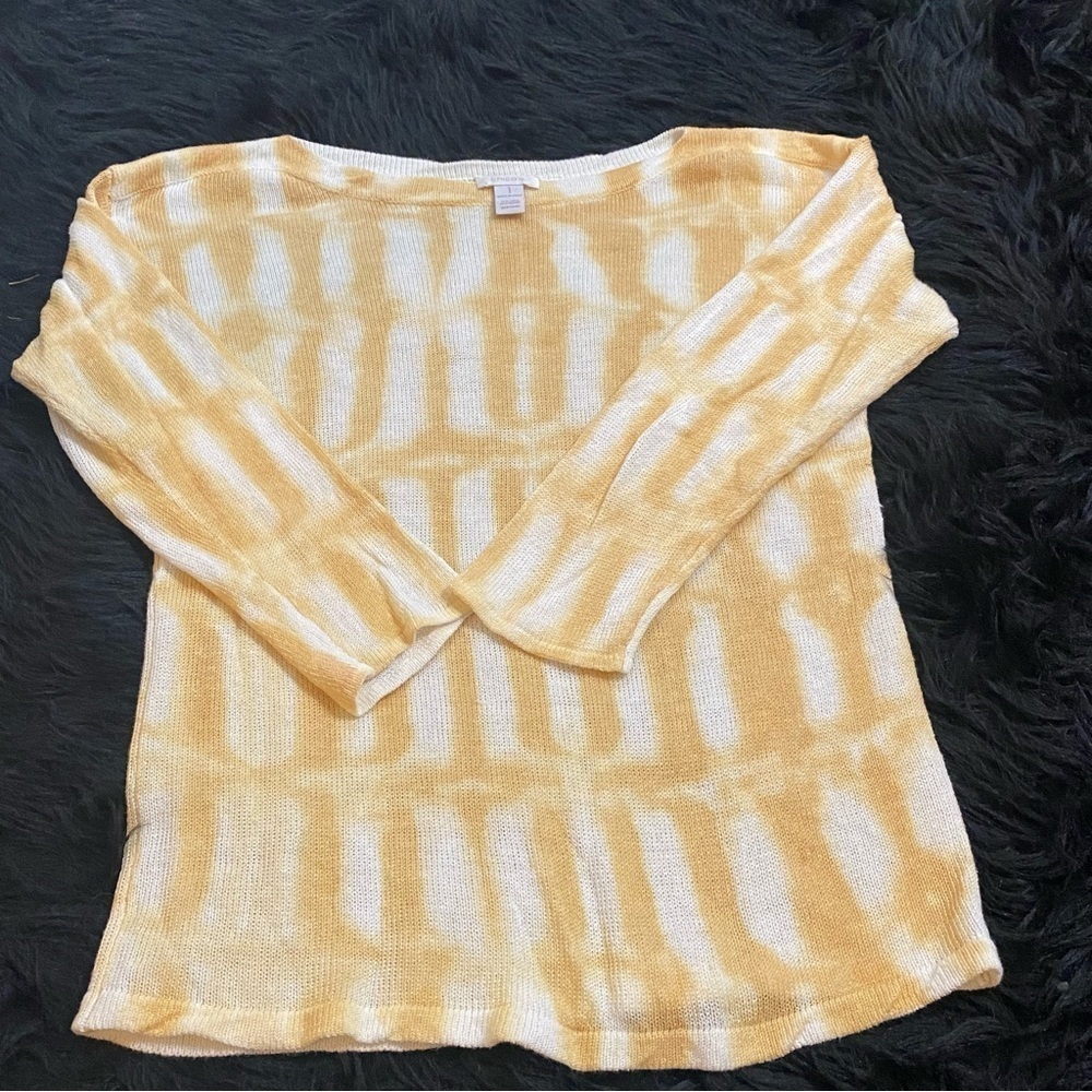 Chico’s Ladies Sweater, Mustard Yellow And White Size 1 ( 8-10) Linen Rayon - Picture 10 of 13